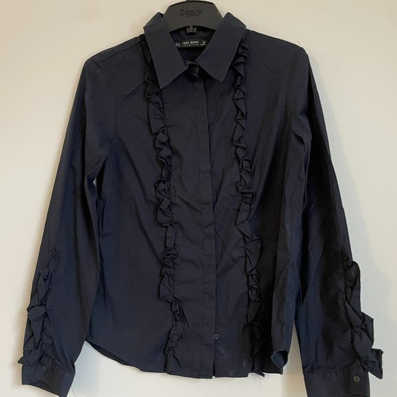 Zara Tops - Zara Navy tuxedo ruffle detail blouse SMALL